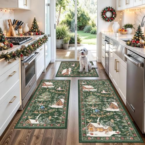 Holiday Christmas Rugs Kitchen Sets of 3, Green Washable Throw Kitchen Mat Low Pile Soft Non-Slip with Rubber Backing for Sink Floor Mat ＆ Hallway, Entryway by BYYVOORugsforYourHome