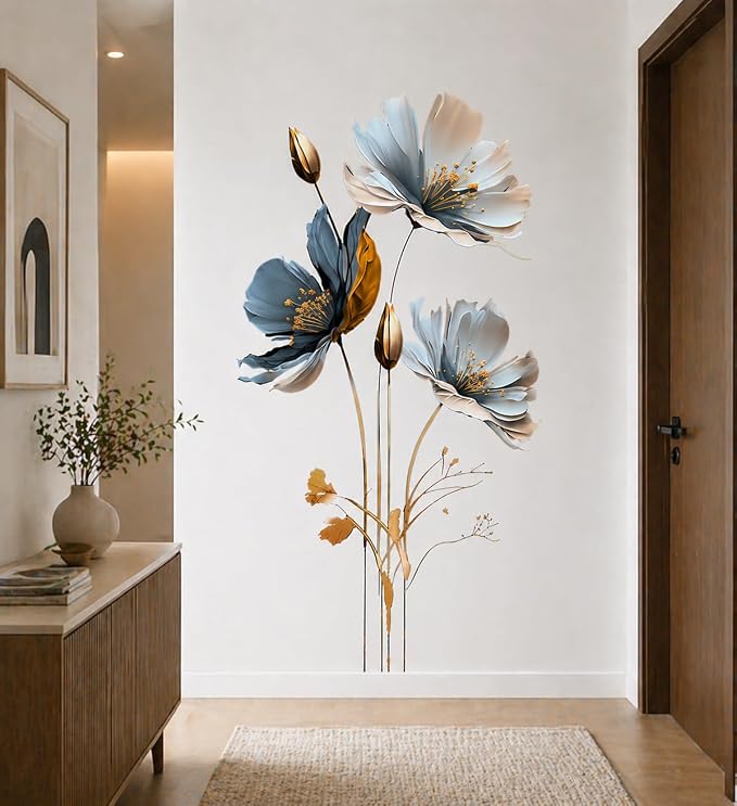 Blue & Gold Floral Wall Decal for Bedroom Living Room, Semi-Transparent Vinyl Peel and Stick Wall Sticker, Waterproof Removable Modern Flower Wall Art for White Walls - Image 6