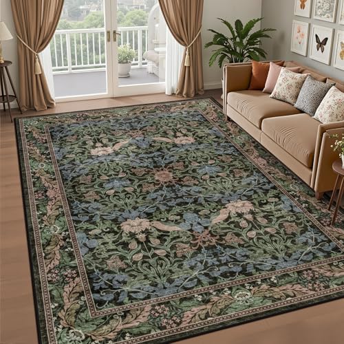 5x7 Area Rug Living Room: Soft Floral Washable Carpet Brown Green - Image 2