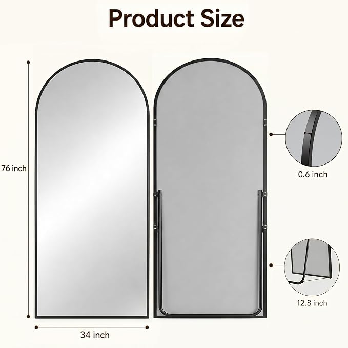 Antok Full Length Mirror, 76"x34" Floor Mirror with Stand, Black, Arched - Image 8
