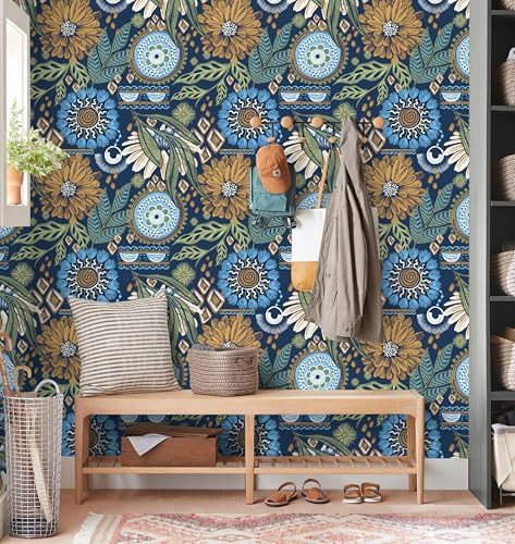 HAOKHOME Navy Floral Peel and Stick Wallpaper Retro Bathroom 17.7inx 32.8ft | Extra Long Renter Friendly Removable Waterproof Textured Wall Paper Vinatage Mustard Yellow Flowers Bedroom Accent Wall Decor - Image 3