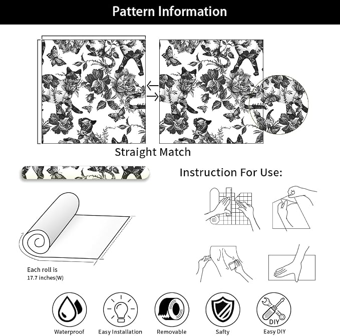 MuralPeel Black White Vintage Floral Cat Animals Butterfly Peel and Stick Wallpaper Self Adhesive Removable Easy Peel Off Contact Paper Stick on Wall Paper for Bedroom Cabinet Renter Friendly - Image 7