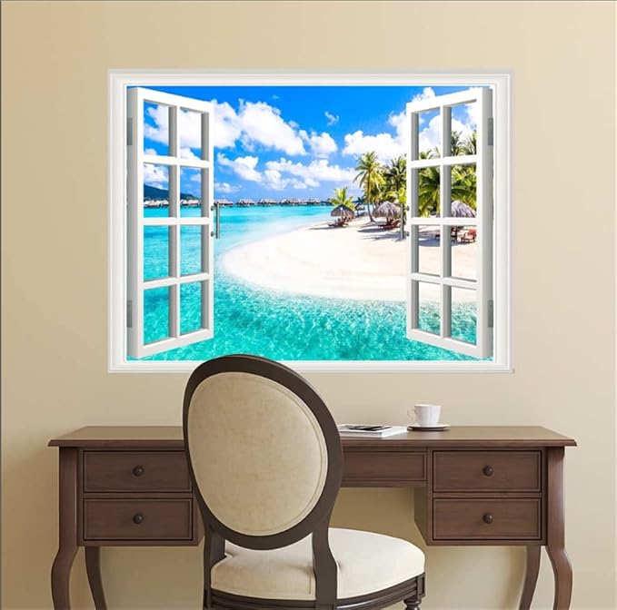 Self-Adhesive Wall Sticker Romantic Living Room Bedroom Study Office Decorative Wall Sticker Ocean Scenery Fake Window Sticker Mural (36"×48", Crescent Beach) - Image 4