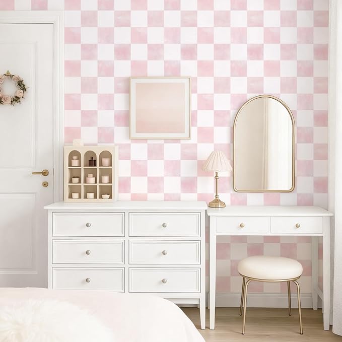 Ismoon Modern Peel and Stick Wallpaper Pink Mosaic Checkered Contact Paper Removale Self-Adhesive Stick on Wallpaper for Bedroom Bathroom Shlef Cabinet Décor 17.3in x 6.56ft - Image 4