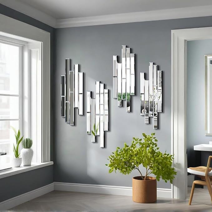 Artisan Set of 4 Silver Beveled Wall Decor Mirrors - 24x8 Inch Each, Creative Combination Design for Modern & Farmhouse Home Decor, Shatter-Resistant Glass with Wood Backing - Image 5