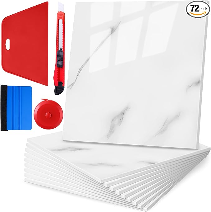 Nuanchu 72 Pcs Peel and Stick Shower Waterproof Tiles Wall Panels 12 x 12 Inch Self Adhesive Backsplash with Ruler Knife & 2 Scrapers for Washroom Bathroom Living Room, Not Real Tile (Carrara White) by Nuanchu