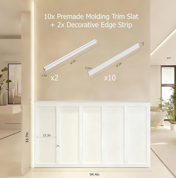 Board and Batten Wall Panel Kit,Paintable Wainscoting Panels Easy Install for Bedroom Living Room Hallway, Covers 94" x 54" Molding Trim Slat with Edge Strip, Paintable White - Image 2