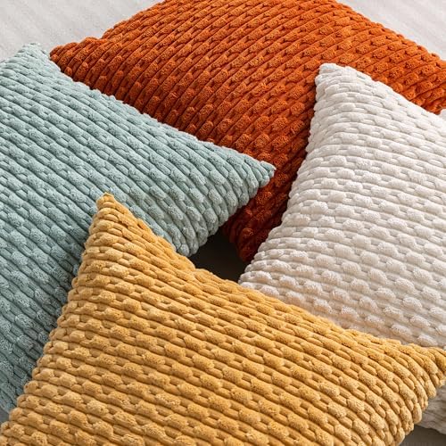 Set of 4 Yellow Rust Aqua Decorative Throw Pillow Covers 22x22 Inch Corduroy Pillow Covers for Bed Couch Sofa Living Room Soft Square Cushion Cases - Image 4