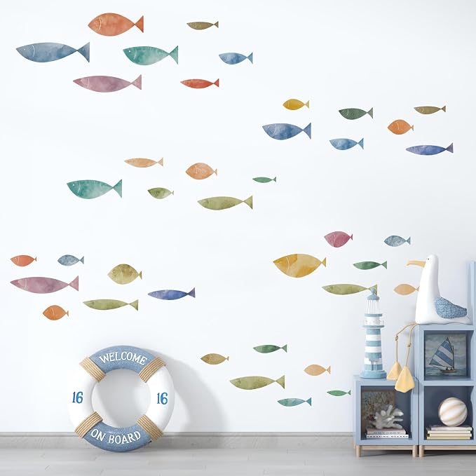 62 Pcs Watercolor Ocean Fish Wall Decals, Peel and Stick Ocean Wall Sticker, Removable Vibrant Sea Life Underwater Theme Wall Decor for Kids Room Nursery Bedroom Playroom Classroom by Kasubeso