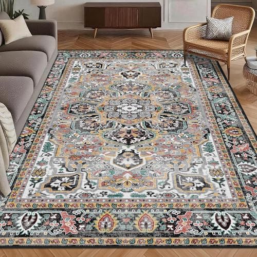 Washable Area Rug 6' x 9' Vintage Traditional Persian Mat - Foldable Distressed Non-Slip Machine Washable Carpet for Living Room Bedroom Kitchen Home Decor - Slate and Multicolor by Unknown