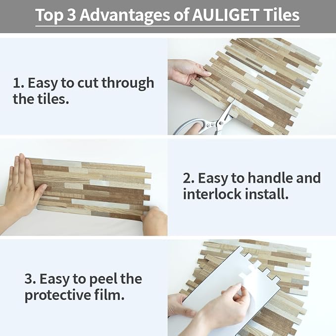 AULIGET 2 Sheets Beige & Brown Wood Peel and Stick Backsplash, PVC Mixed Metal Silver Wall Tile Stick on Backsplash for Kitchen and Bathroom - Image 7