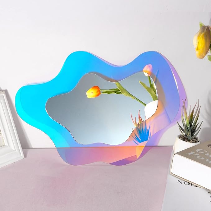 Irregular Wall Mirror Wavy Acrylic Rainbow Mirror Room Decor Aesthetic Mirrors Amorphic Vanity Retro Mirrors for Bedroom Living Room Bathroom Entryway Wall Decor ( Clouds Style, 15.5 x 10.5 Inches ) by UNBREAKABL+MIRO