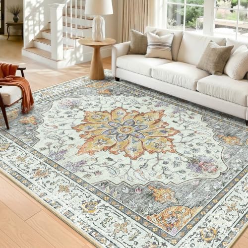 RELEANY Washable Area Rug, 5'x7', Beige/Carbon Grey/Orange by RELEANY