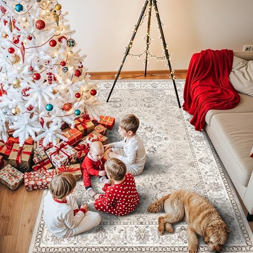 Living Room 4x6 Area Rugs: Vintage Farmhouse Washable Non-Slip Rug for Bedroom Dining Room Ultra Thin Soft Carpet for Nursery Kitchen Durable Low-Pile Neutral Floor Mat for Pet Owners(4x6 Beige) - Image 2