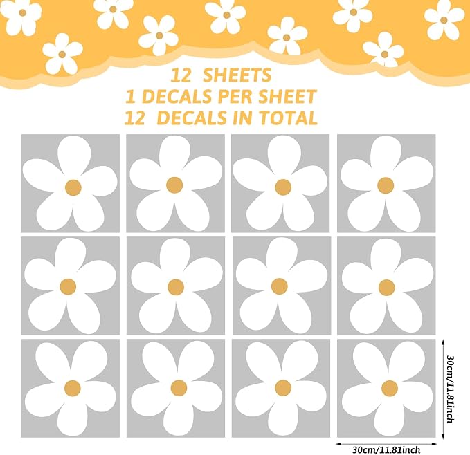 TaoBary 12 Sheet Daisy Wall Sticker Decal for Room Decor Flower Wall Decal | Big Flower Wall Sticker, Large Floral Decal, Daisy Bedroom Decor, White, Removable Peel and Stick, Nursery Home Wall Decor - Image 2