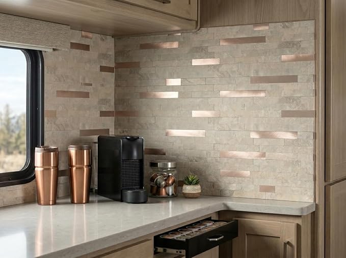 Yipscazo 10 Sheets Peel and Stick Stone Metal Tile Backsplash, Stick on Tiles for Backsplash Kitchen, Bathroom, Laundry Room, Camper, Fireplace (12'' X 12'', Beige Stone with Gold Metal) - Image 4