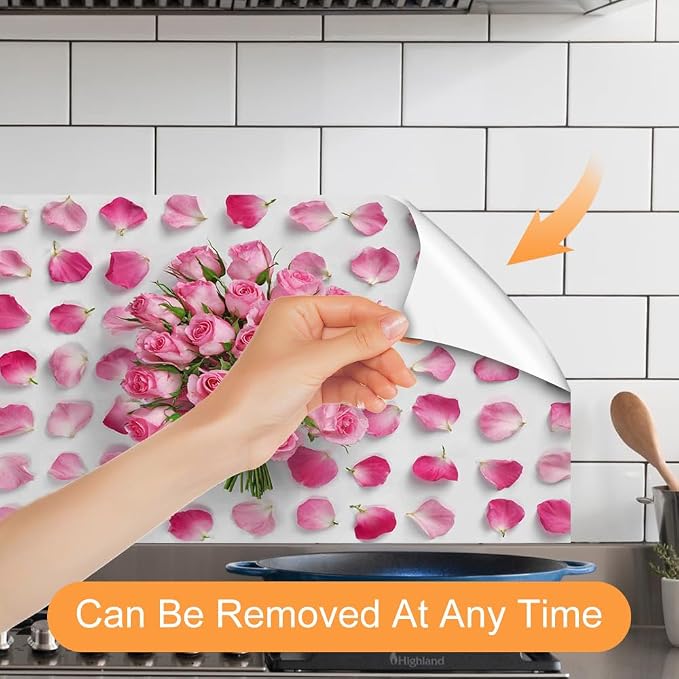 Pink Rose Floral Kitchen Backsplash Peel and Stick, 30x16 in | Pink rose bouquet surrounded by scattered petals on white; flat 2D waterproof peel and stick; wipe clean; 30x16 in - Image 3