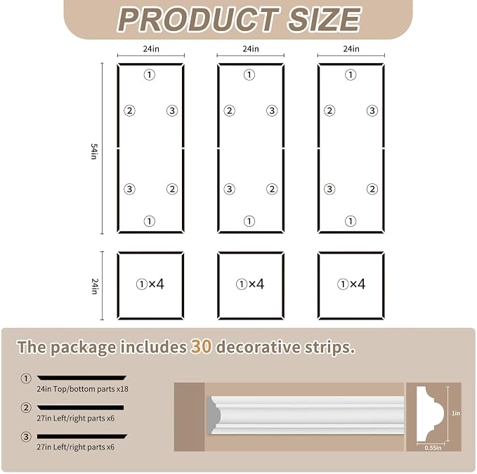 JBER Peel and Stick Wall Molding Kit, 6 Pre-Cut Wainscoting Panels | Ready-to-assemble pre-cut molding, 3D trim panels for interior wall décor, living room & bedroom, 3 top 3 bottom - Image 2