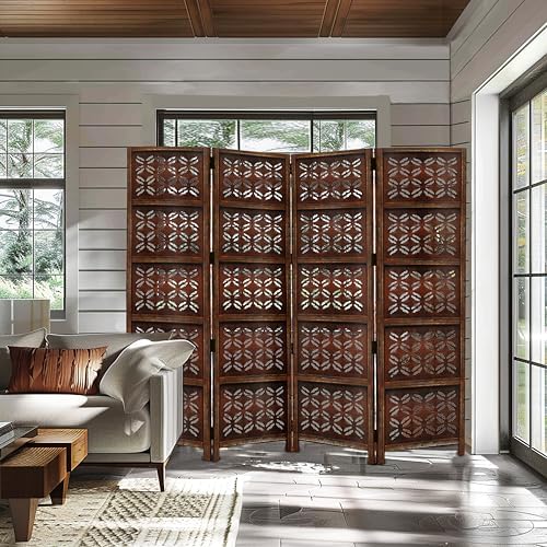 COTTON CRAFT Room Divider Wood Screen - Hand Carved Folding 4 Panels 72x80 - Image 6