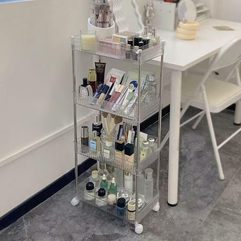 4-Tier Plastic Rolling Utility Cart with Wheels, Multifunctional Storage Organizer Cart for Home, Office, Kitchen & Bathroom, Narrow & Clear, 6.7”W * 12.8”L * 33”H - Image 6