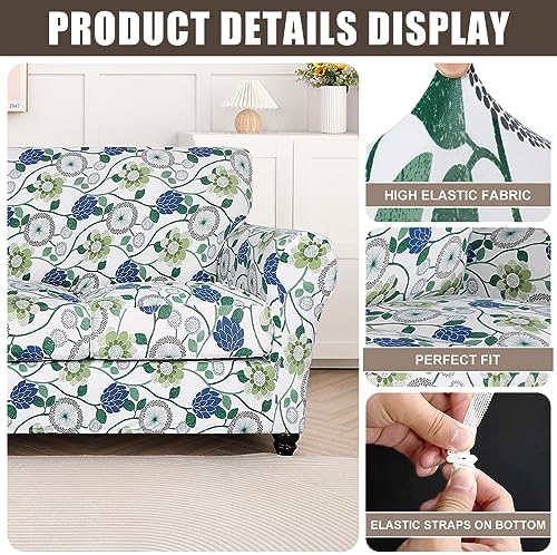 SearchI Stretch Sofa Cover Printed Couch Cover, Floral Pattern 4 Pieces Sofa Slipcover with 3 Separate Cushion Cover, Washable Furniture Protector for Living Room(Sofa, Green Flowers) - Image 2
