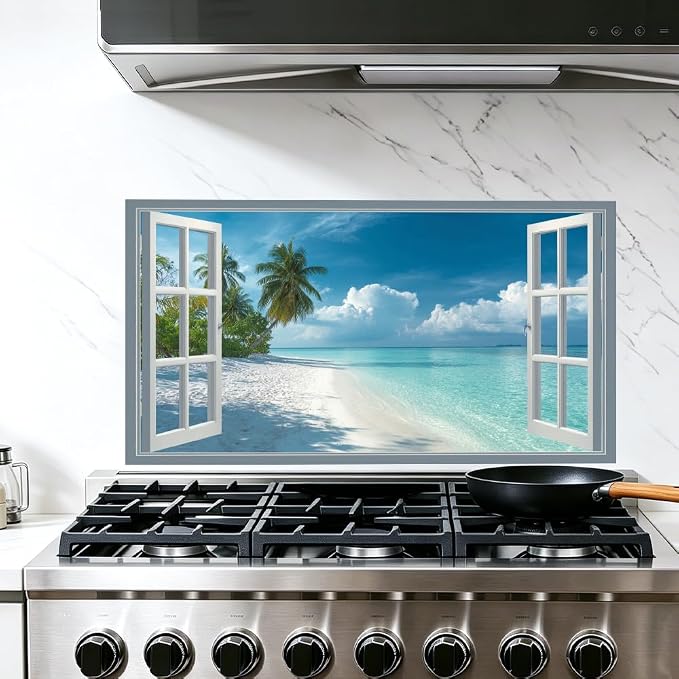 Tropical Beach Kitchen Backsplash Peel and Stick, 30x16 in | Fake window view of white sand beach and turquoise ocean; waterproof peel and stick; wipe clean; 30.31 x 16.14 in by JOYHAUE