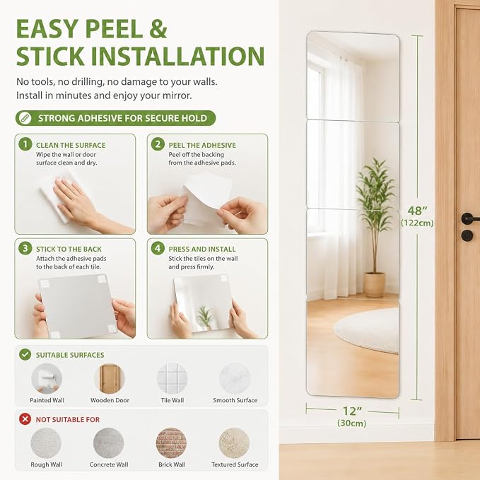 Shatterproof Acrylic Mirror Tiles, Kids Safe Wall Mirror, 4 Pack - Image 6