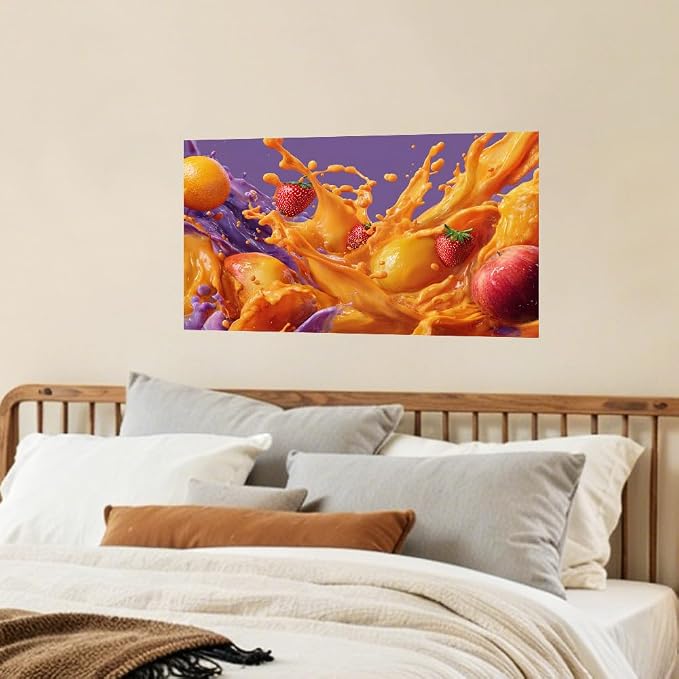 Tropical Fruit Splash Kitchen Backsplash Peel and Stick, 30x16 in | Bold mango, strawberry and orange juice splash on vivid purple background; flat 2D peel and stick; wipe clean; 30x16 in - Image 7