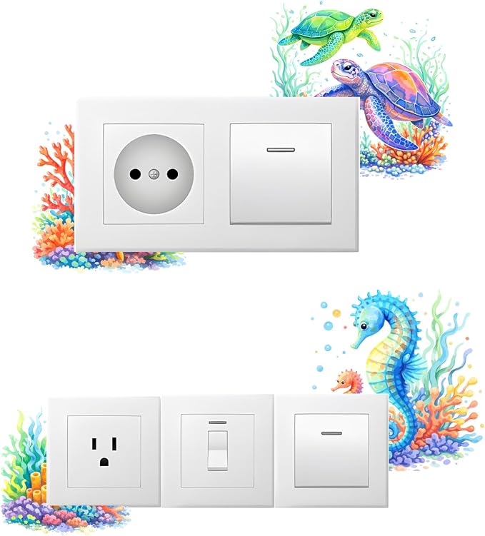 PLIGREAT 12 Pcs Ocean Animals Wall Stickers, Starfish Sea Turtle Wall Decals for Door Peel and Stick Vinyl Octopus Switch Stickers for Nursery Bedroom Living Room Bathroom Home Door Corner Decor - Image 2