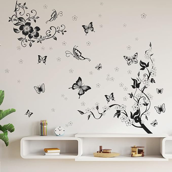Supzone Flowers Vine Wall Decals - Black Flowers Stickers, Butterfly Decor, Removable Vinyl Art for Bedroom, Living Room, Office, Sofa Backdrop, TV, Home Decoration by Supzone