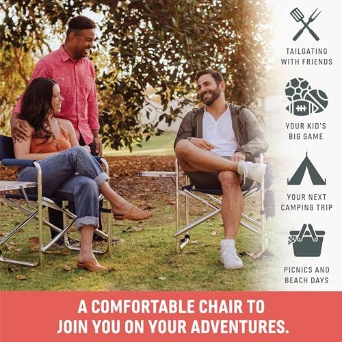 Picnic TIME Sports Chair with Side Table and Armrest Caddy, Lightweight Aluminum Folding Outdoor Camping Chair for Adults, Portable Director Style Lawn Seating with Pockets & Carry Strap, (Navy Blue) - Image 3