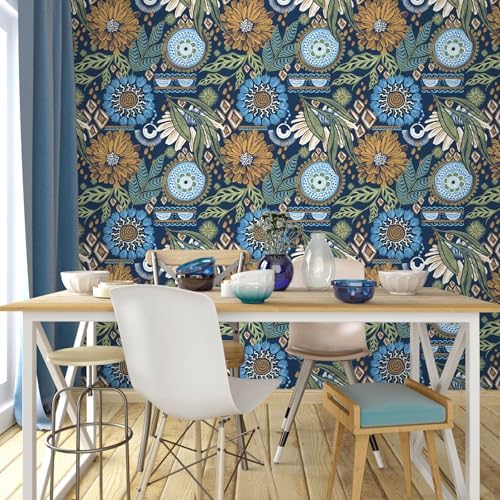 HAOKHOME Floral Peel and Stick Wallpaper Boho Navy Blue Mustard Bathroom | Renter Friendly Removable Textured Self Adhesive Wall Paper Retro Yellow Flowers Kitchen Bedroom Accent Decor 17.3in x 9.8ft - Image 2