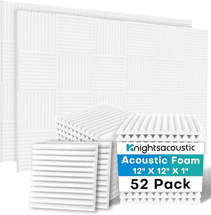 52 Pack Acoustic Foam Panels, 1 X 12 X 12 Inches Sound Proof Foam Panels for Walls, High Density Acoustic Panels Sound Absorbing, White Noise Cancelling Studio Wedges (NOT INCLUDE ADHESIVE) by Knightsacoustic