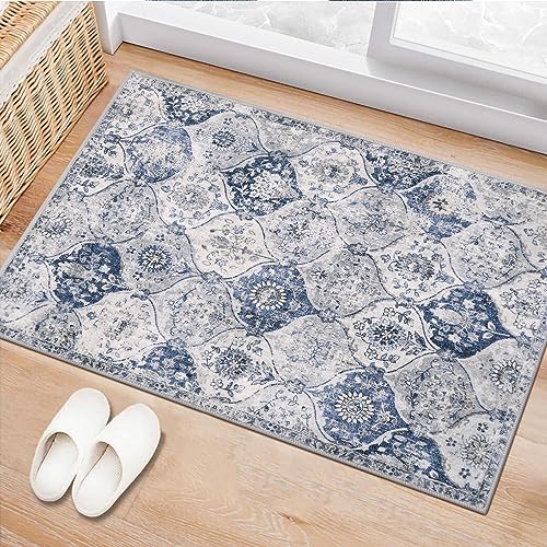 Lahome Moroccan Trellis Washable Rug, 2x3 Kitchen Rugs for Entryway Bathroom, Non-Slip Indoor Door Mat Ultra-Thin, Small Oriental Throw Carpet for Bedroom Entry Elise, White/Royal Blue by Lahome