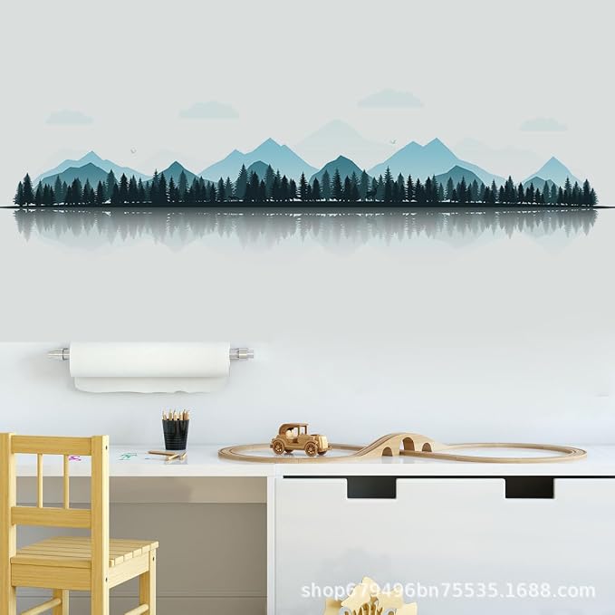 Chinese Style Blue Mountain Landscape Painting Wall Stickers Decals | Peel and Stick, Removable, Wall Art Decals, Wall Decoration, Living Room Bedroom, Office Sofa TV Home Wall Decor by Unknown