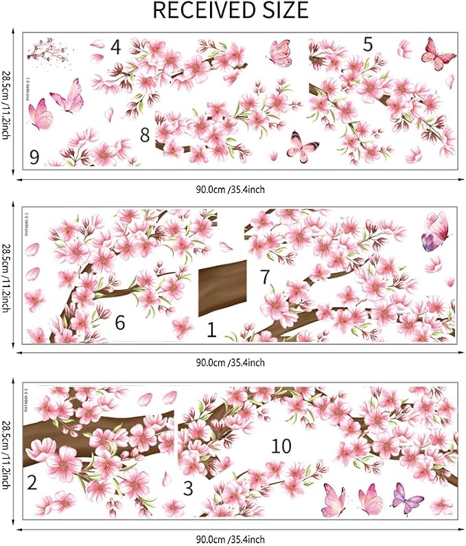 Pink Floral Wall Decal Cherry Blossom Wall Stickers Spring Flower Butterfly Room Decor Peel and Stick Pink Tree Branch Wall Sticker for Bedroom - Image 7