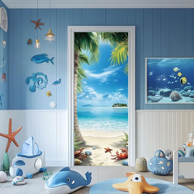 arricraft 2 Pcs Self-Adhesive Beach Scene Door Wall Stickers, 31.5"x78.7", PVC Material, Blue, Green, Rectangular, Indoor Use - Image 6