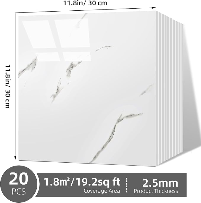 Vieshful 20pcs Peel and Stick Backsplash Tile，12"x12" Self Adhesive Marble Tile for Wall, PVC Waterproof Shower Wall Panels, Back Splash Stick on Tiles for Kitchen Bathroom Living Room (Not Real Tile) - Image 5