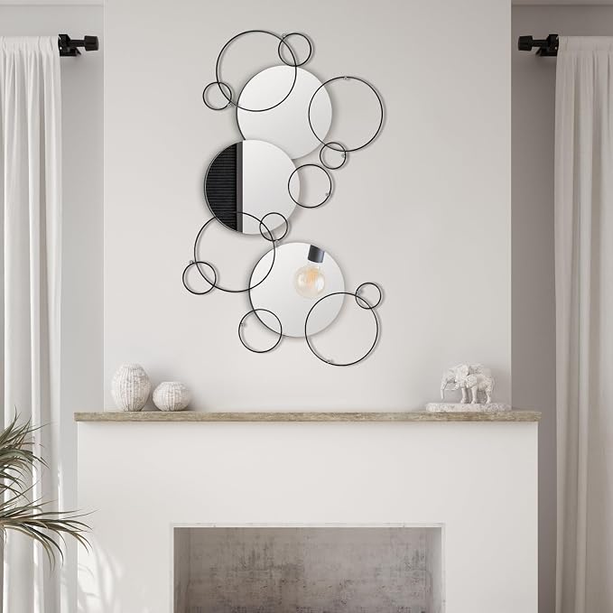 Hicarer 9 Pcs Split Decorative Wall Mirror Modern Black Wall Decor DIY Metal Wall Mirrors for Living Room Decor Circle Plates Overlapping Decorations Wall Decor Set for Hallway Entryway - Image 6