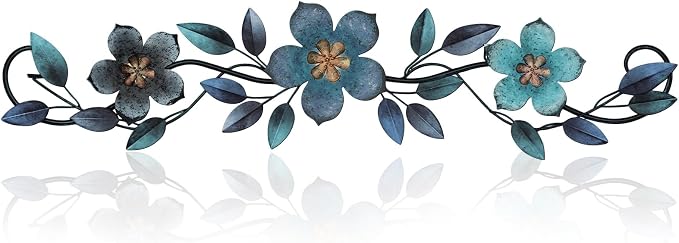 Wesiti Metal Flower Wall Decor Wrought Iron Scroll 15.7x3.7,Blue | Vintage Metal Flower decor,Farmhouse Leaf Art with Nails, Flat Not 3D Design, For Bedroom Kitchen Indoor Outdoor Wall Decor by Unteilti