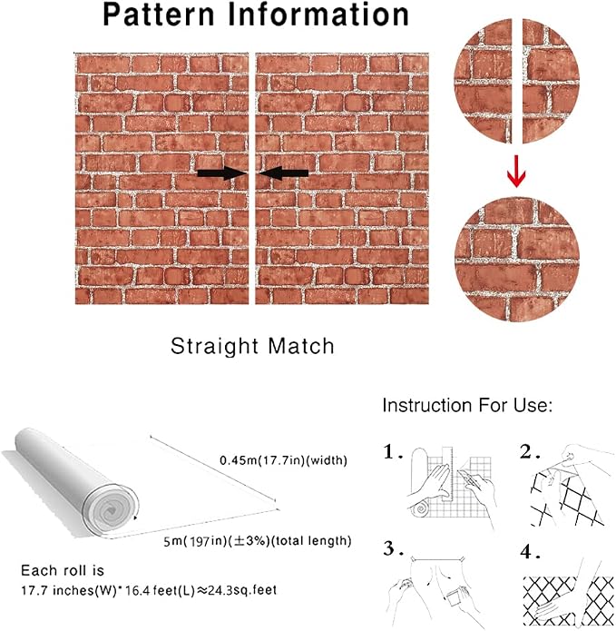 Cohoo Home Red Brick Wallpaper Peel and Stick Contact Paper Faux 197”×18” | Red Brick Contact Paper for Walls Brick Wrapping Paper Self Adhesive Removable Wallpaper Bedroom Kitchen Backsplash Fireplace - Image 5