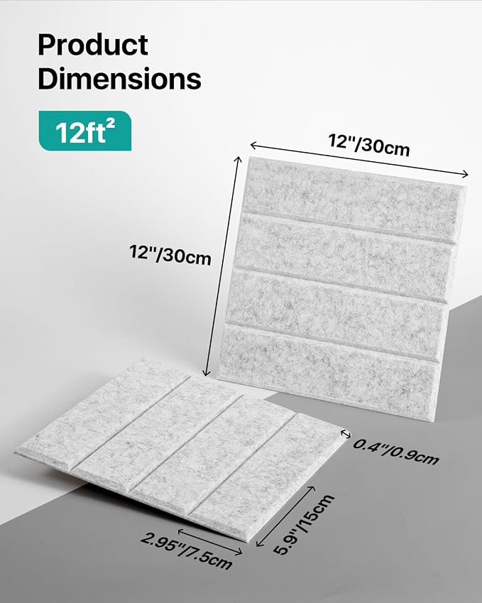 Soundsbay Sound Proof Foam Panels for Walls Self-Adhesive, 12-Pack 12"X12" | Cover 11.6 sq.ft, 150kg/m³ High-Density Polyester, Soundproof Wall Panels for Recording Studio, Home Theater, Office Gray - Image 6