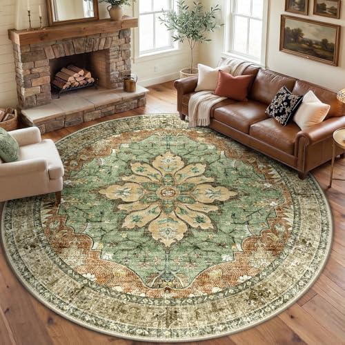 RELEANY Washable Area Rug, Round 8ft, Brick/Brown/Green by RELEANY