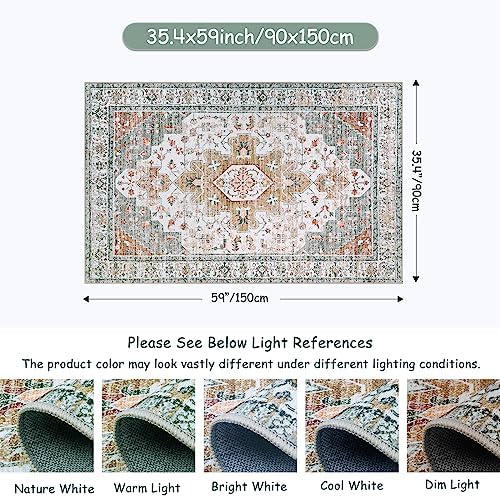 Moynesa Ultra-Thin Washable Area Rug - 3x5 Entryway Rug Washable Bedroom Rug Non Slip Front Door Mat, Vintage Medallion Printed Indoor Carpet for Living Laundry Bathroom Vanity Foyer, Beige/Gold - Image 2