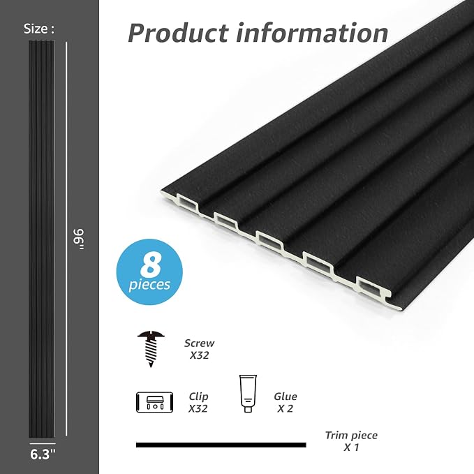 Art3d 96 x 6 Inch WPC 3D Wood Textured Slat Wall Panels, 8-Pack, Black | Stylish Slat Design, Waterproof, Weather Resistant, Eco-Friendly, Long-Lasting, Easy to DIY, Ideal for Interior Wall, Bedroom - Image 4