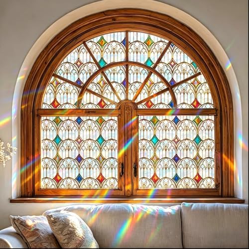 Window Privacy Film Stained Glass, 6 Pcs Gothic Rainbow Window Privacy Films Stickers with Installation Tools, Vintage Film Sticker Decals for Home Bathroom Glass Decorations 17.7 x 157.5 inches - Image 4