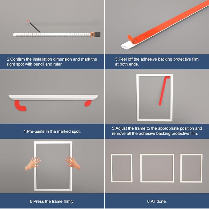 NeatiEase Peel and Stick Wall Molding Kit 6-Frame Pre-Made, Ready-to-Assemble Wall Moulding Panel Frame, Self-Adhesive Wainscoting Panels Wall Trim for Interior Walls Home Decor (60"x48",60"x24") - Image 7