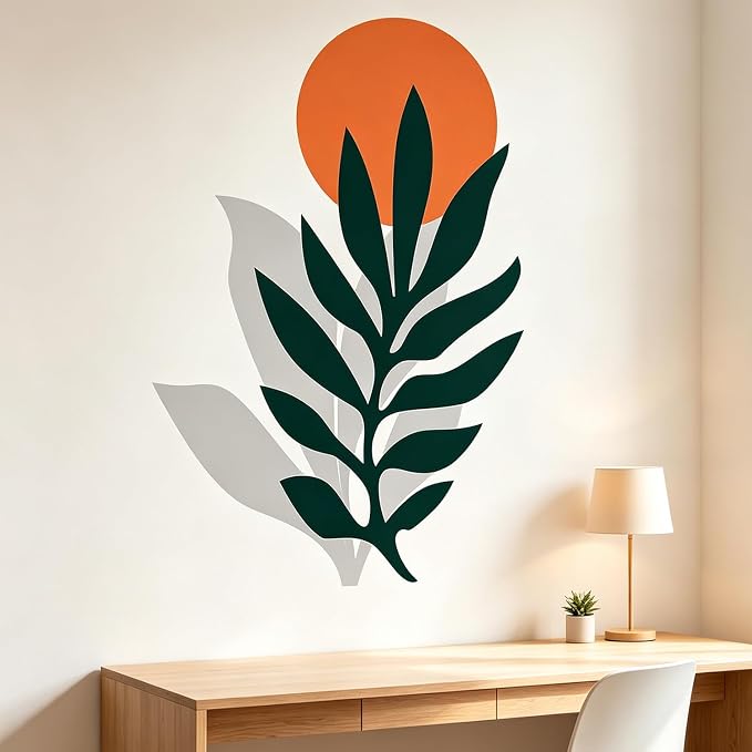 Floral Flower Orange Sun Boho Peel and Stick Wall Decor Decals Art | Botanical minimalist palm tree leaves removable vinyl wall stickers mural decoration for bedroom living room classroom office - Image 4