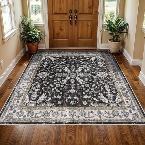 Square Rugs 5x5 Washable for Entryway: Non Slip Indoor Foot Carpet for Living Room, Boho Soft Black 5'x5' Low Pile Neutral Area Rug for Kitchen Dining Room Bathroom (Black, 5x5) by BYYVOORugsforYourHome
