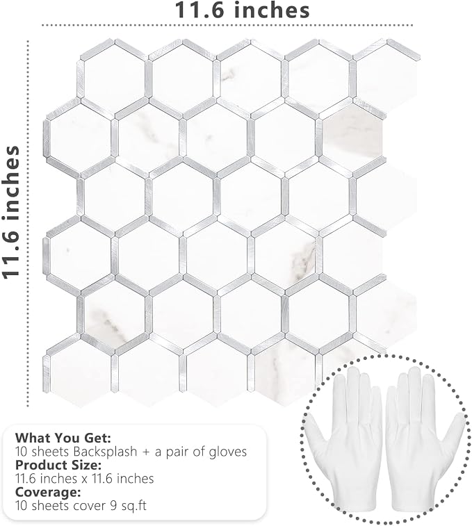 STICKGOO Hexagon Peel and Stick Backsplash Tile, Stick on Backsplash for Kitchen and Bathroom, White Marble Look PVC Mixed Metal Silver Self Adhesive Wall Tiles(10 Sheets, Seamless) - Image 2
